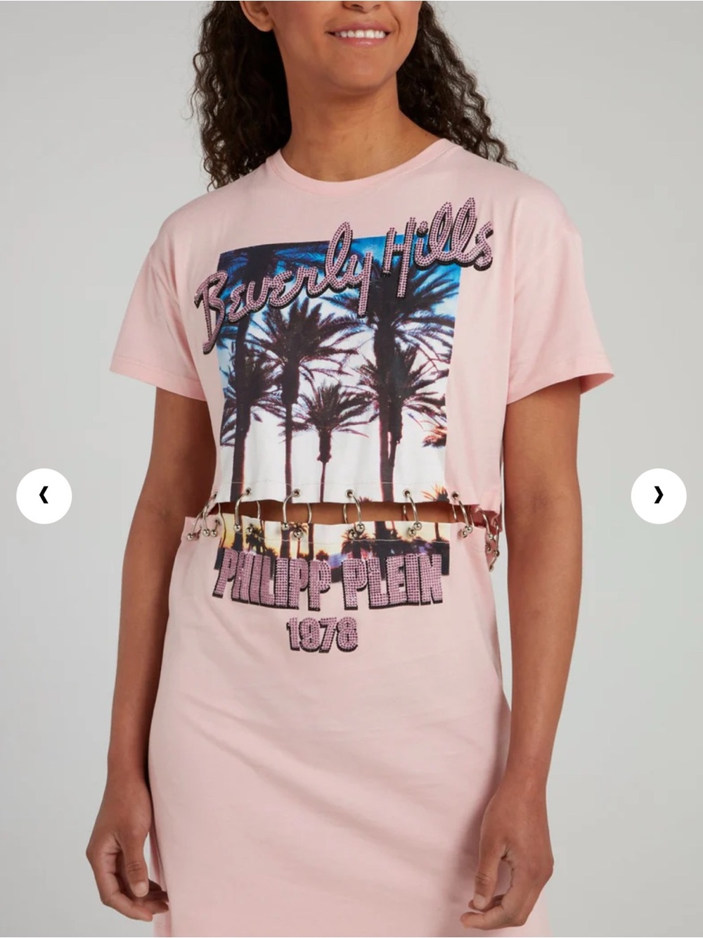 Philipp Plein Pink Beverly Hills Graphic Crop Tee with Metal Ring Detail